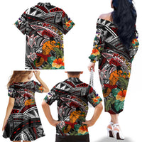 Personalized American Samoa Warrior Family Matching Off The Shoulder Long Sleeve Dress and Hawaiian Shirt Shark Turtle Polynesian Tattoo DT02 - Polynesian Pride