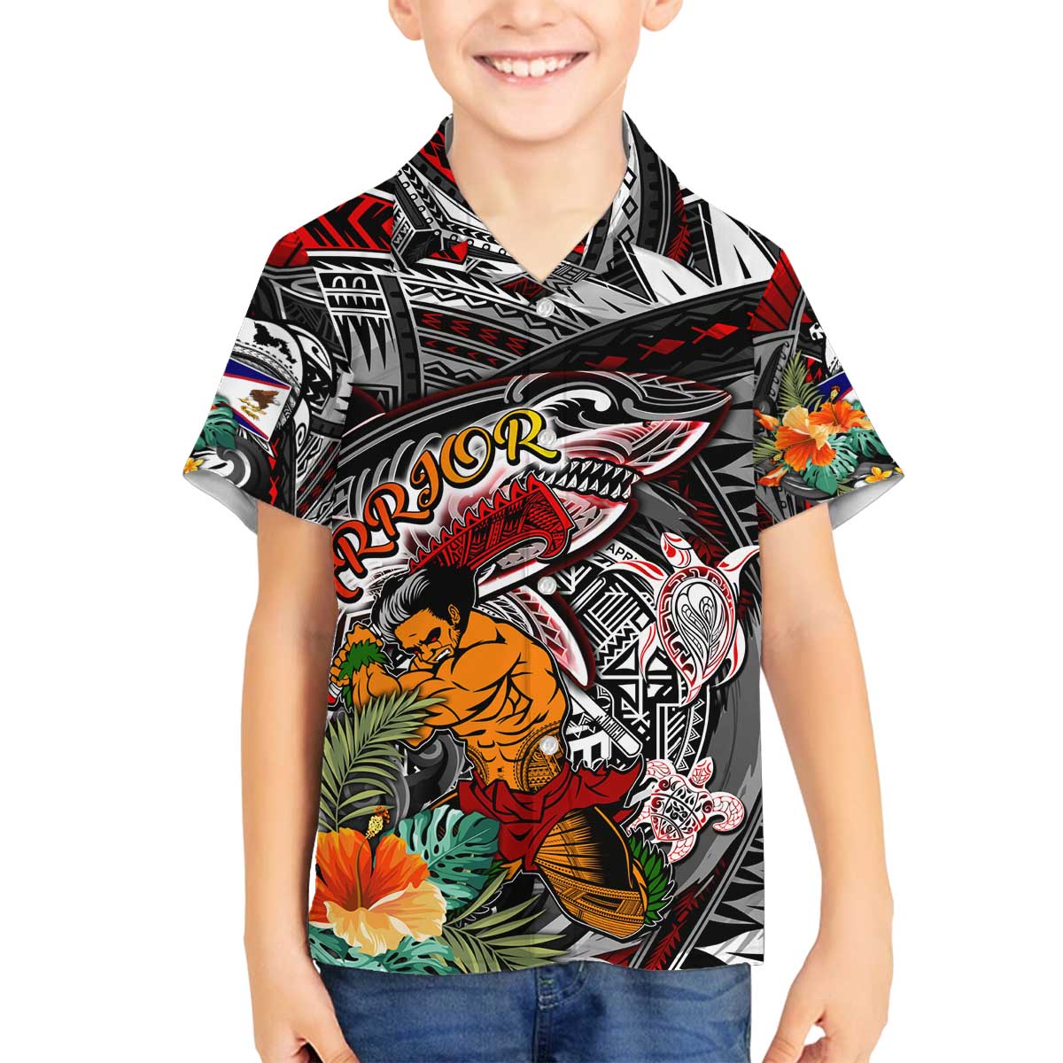 Personalized American Samoa Warrior Family Matching Off The Shoulder Long Sleeve Dress and Hawaiian Shirt Shark Turtle Polynesian Tattoo DT02 Son's Shirt Black - Polynesian Pride