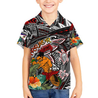Personalized American Samoa Warrior Family Matching Off The Shoulder Long Sleeve Dress and Hawaiian Shirt Shark Turtle Polynesian Tattoo DT02 Son's Shirt Black - Polynesian Pride