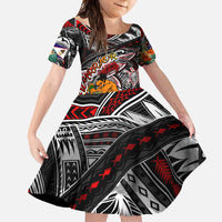Personalized American Samoa Warrior Family Matching Off Shoulder Maxi Dress and Hawaiian Shirt Shark Turtle Polynesian Tattoo DT02 Daughter's Dress Black - Polynesian Pride