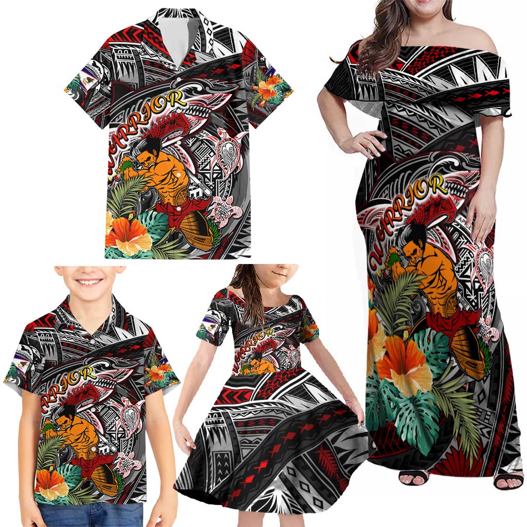Personalized American Samoa Warrior Family Matching Off Shoulder Maxi Dress and Hawaiian Shirt Shark Turtle Polynesian Tattoo DT02 - Polynesian Pride