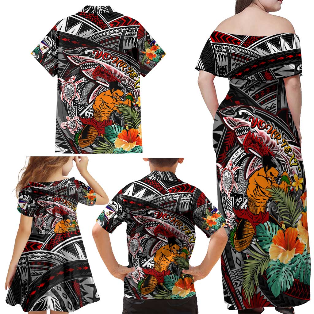 Personalized American Samoa Warrior Family Matching Off Shoulder Maxi Dress and Hawaiian Shirt Shark Turtle Polynesian Tattoo DT02 - Polynesian Pride