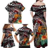 Personalized American Samoa Warrior Family Matching Off Shoulder Maxi Dress and Hawaiian Shirt Shark Turtle Polynesian Tattoo DT02 - Polynesian Pride