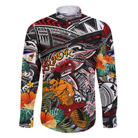 Personalized American Samoa Warrior Family Matching Off Shoulder Maxi Dress and Hawaiian Shirt Shark Turtle Polynesian Tattoo DT02 Dad's Shirt - Long Sleeve Black - Polynesian Pride