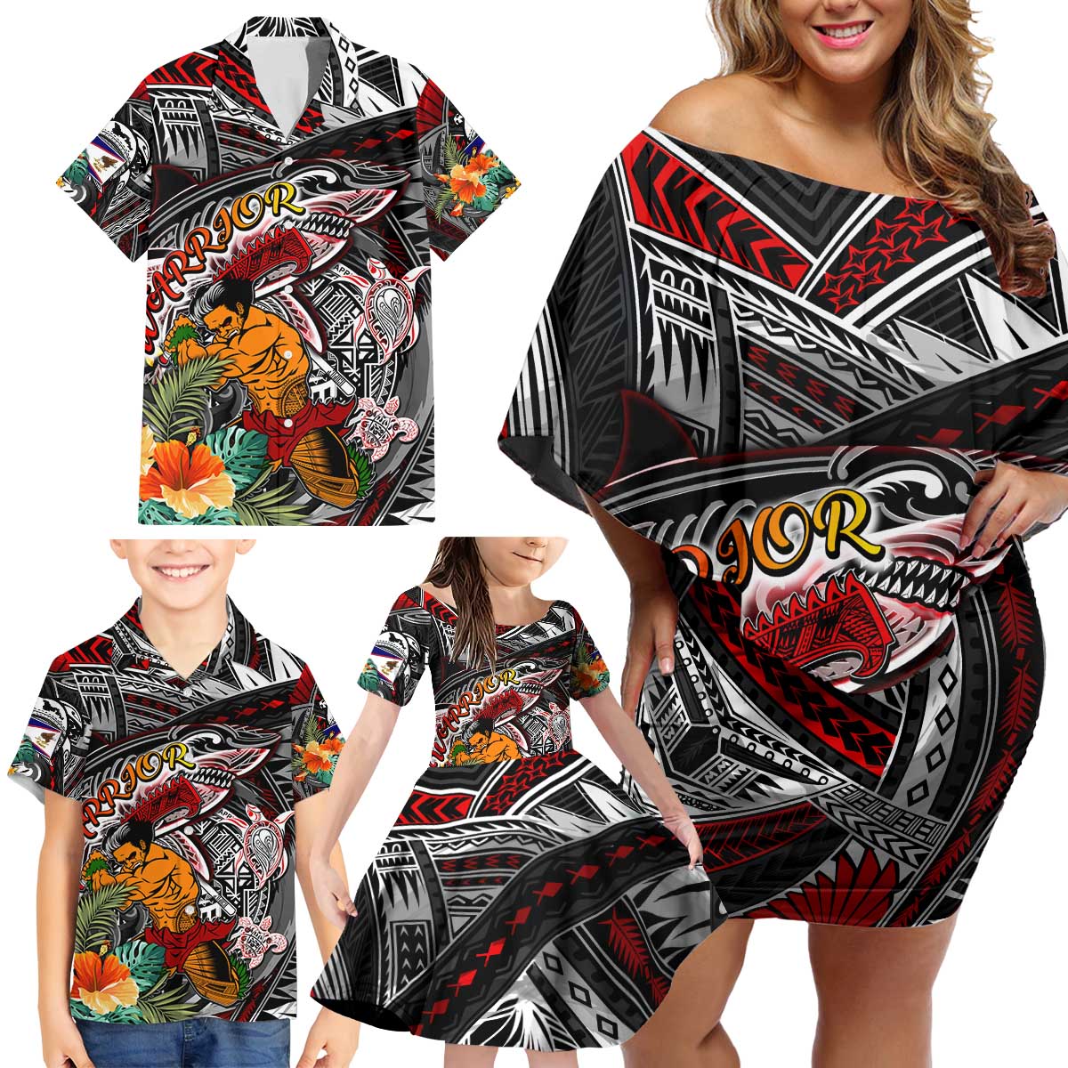 Personalized American Samoa Warrior Family Matching Off Shoulder Short Dress and Hawaiian Shirt Shark Turtle Polynesian Tattoo DT02 - Polynesian Pride