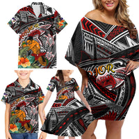 Personalized American Samoa Warrior Family Matching Off Shoulder Short Dress and Hawaiian Shirt Shark Turtle Polynesian Tattoo DT02 - Polynesian Pride