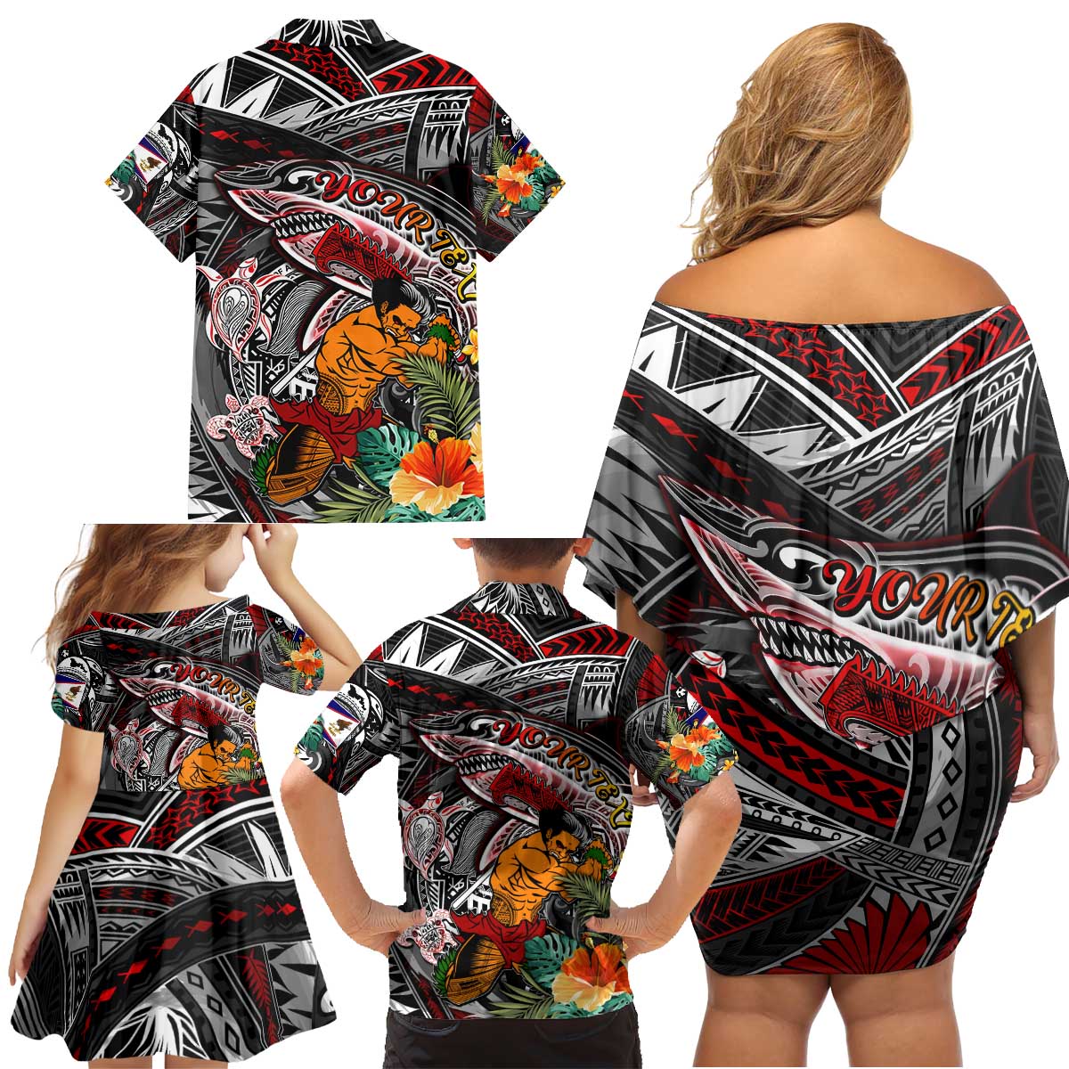 Personalized American Samoa Warrior Family Matching Off Shoulder Short Dress and Hawaiian Shirt Shark Turtle Polynesian Tattoo DT02 - Polynesian Pride