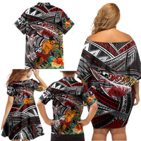 Personalized American Samoa Warrior Family Matching Off Shoulder Short Dress and Hawaiian Shirt Shark Turtle Polynesian Tattoo DT02 - Polynesian Pride