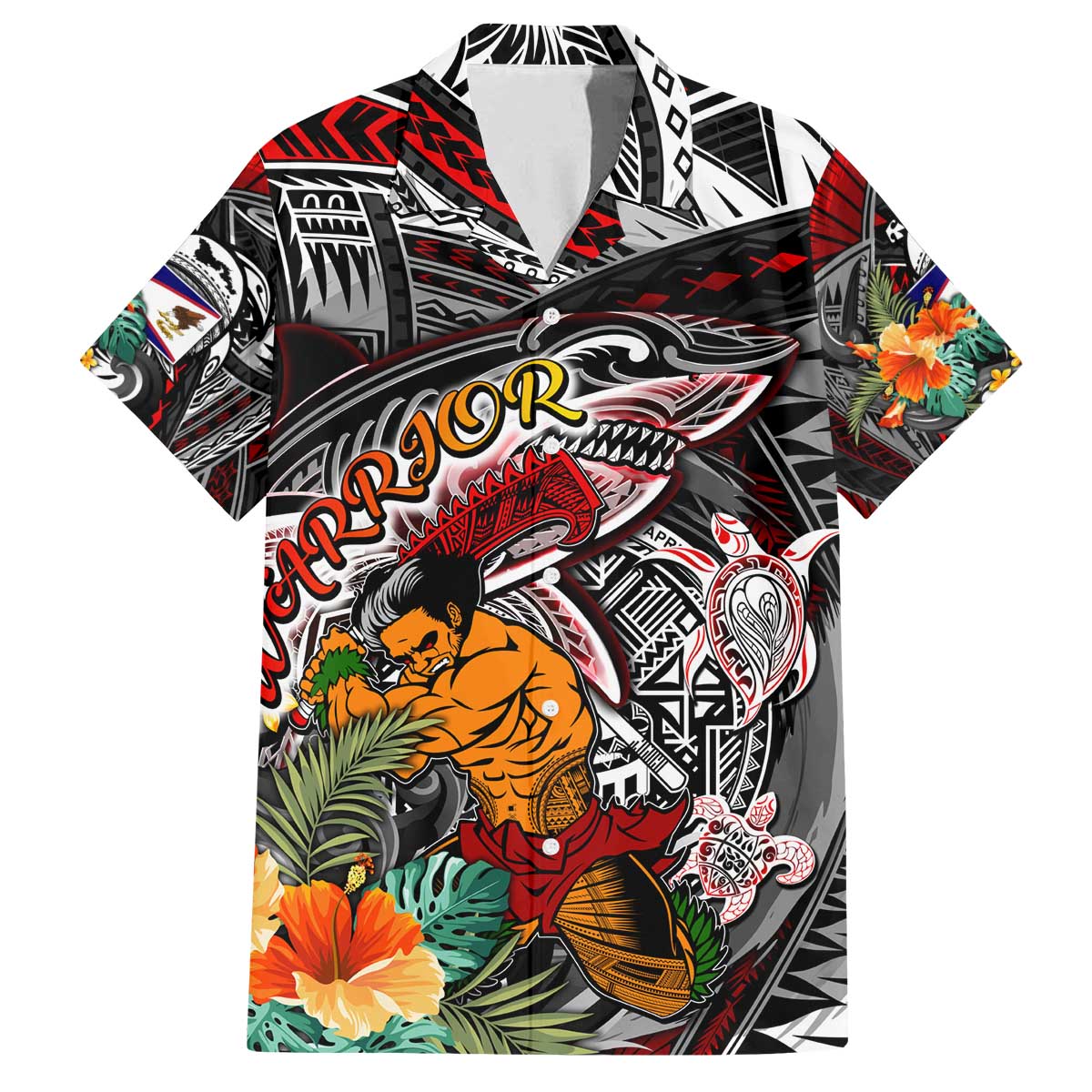 Personalized American Samoa Warrior Family Matching Off Shoulder Short Dress and Hawaiian Shirt Shark Turtle Polynesian Tattoo DT02 Dad's Shirt - Short Sleeve Black - Polynesian Pride