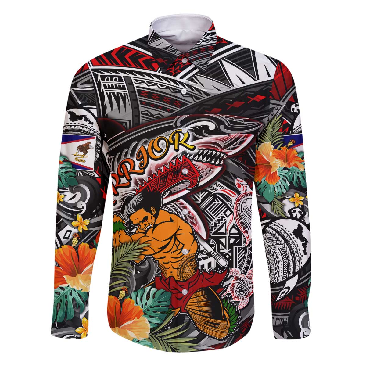 Personalized American Samoa Warrior Family Matching Off Shoulder Short Dress and Hawaiian Shirt Shark Turtle Polynesian Tattoo DT02 Dad's Shirt - Long Sleeve Black - Polynesian Pride