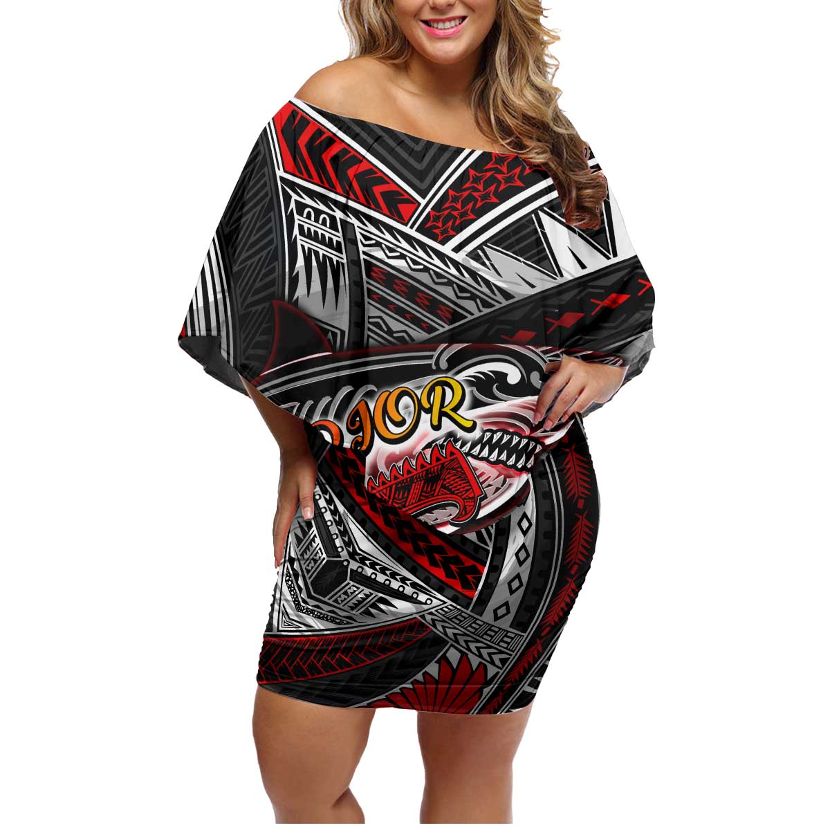 Personalized American Samoa Warrior Family Matching Off Shoulder Short Dress and Hawaiian Shirt Shark Turtle Polynesian Tattoo DT02 Mom's Dress Black - Polynesian Pride