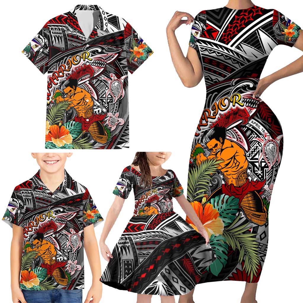 Personalized American Samoa Warrior Family Matching Short Sleeve Bodycon Dress and Hawaiian Shirt Shark Turtle Polynesian Tattoo DT02 - Polynesian Pride