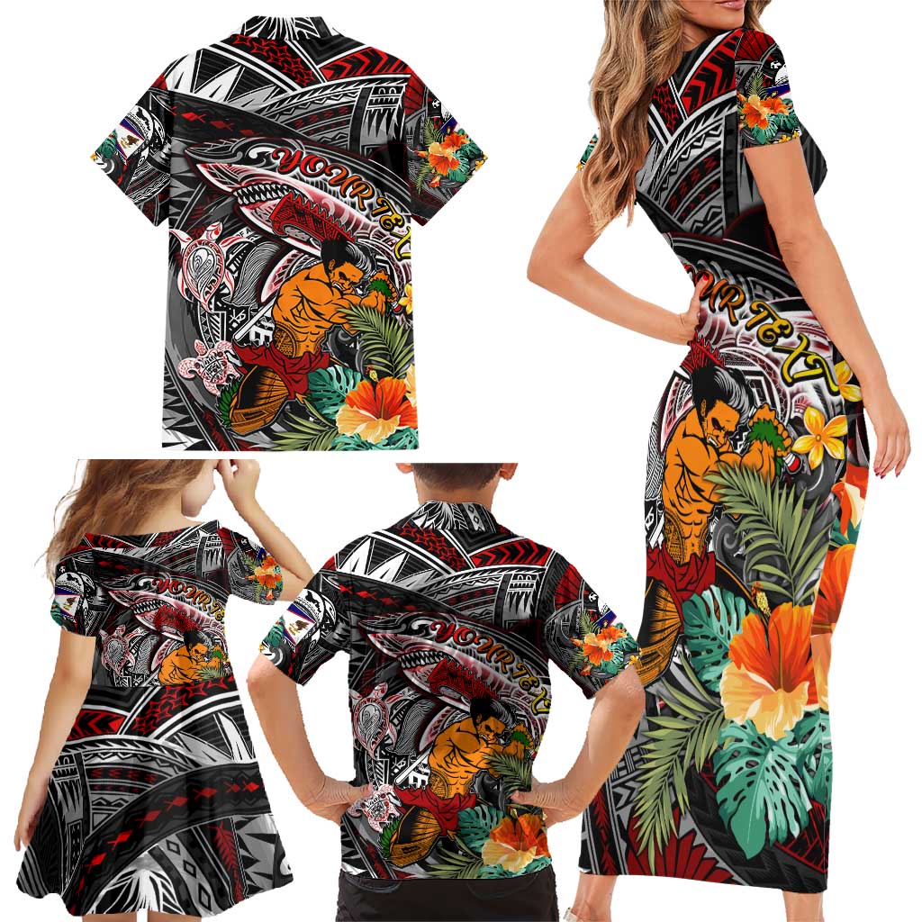 Personalized American Samoa Warrior Family Matching Short Sleeve Bodycon Dress and Hawaiian Shirt Shark Turtle Polynesian Tattoo DT02 - Polynesian Pride
