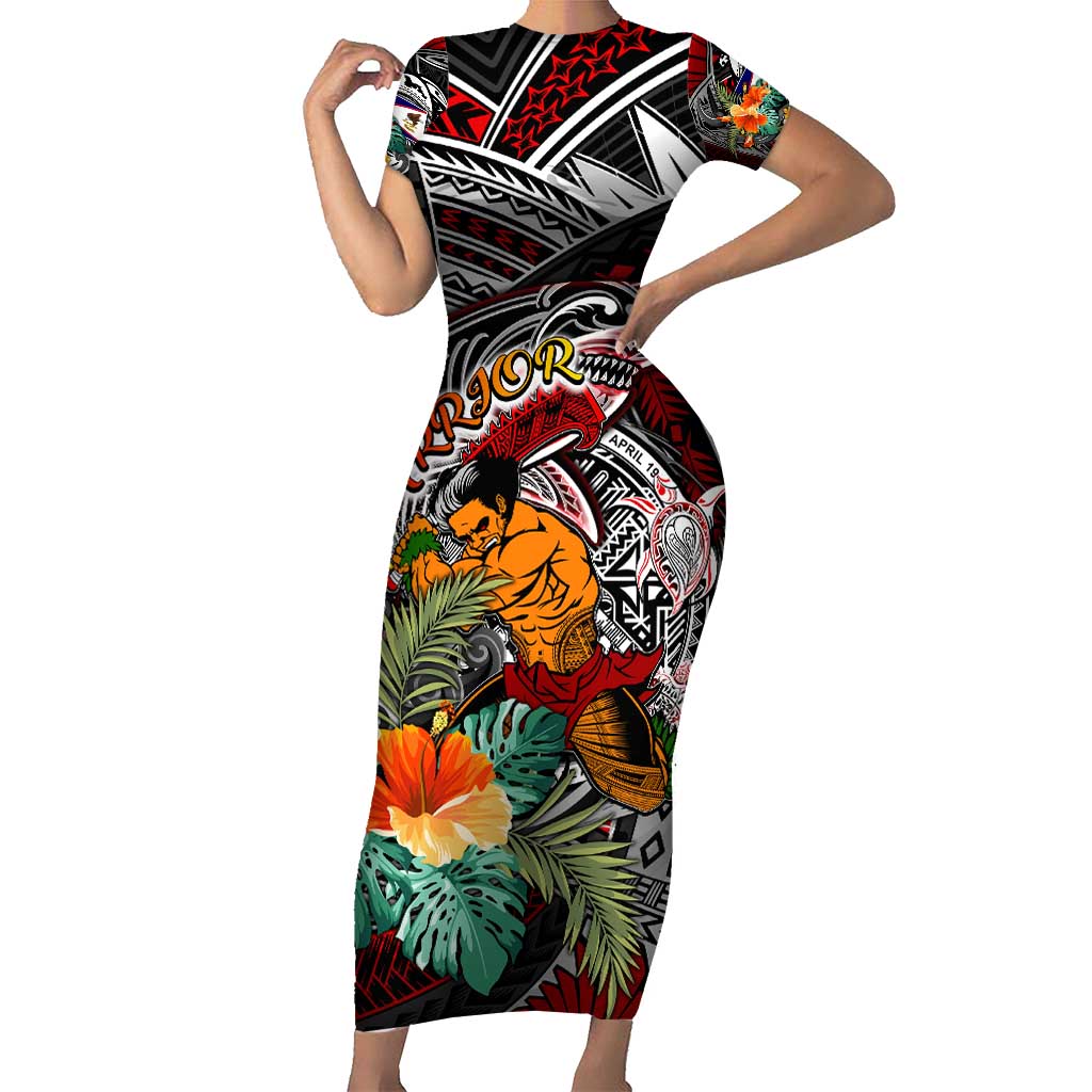 Personalized American Samoa Warrior Family Matching Short Sleeve Bodycon Dress and Hawaiian Shirt Shark Turtle Polynesian Tattoo DT02 Mom's Dress Black - Polynesian Pride