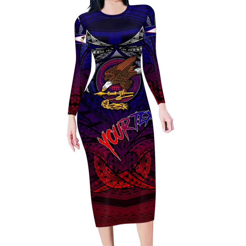 Personalized American Samoa Flag Family Matching Long Sleeve Bodycon Dress and Hawaiian Shirt Eagles Polynesian Art DT02 Mom's Dress Blue - Polynesian Pride