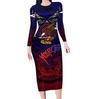 Personalized American Samoa Flag Family Matching Long Sleeve Bodycon Dress and Hawaiian Shirt Eagles Polynesian Art DT02 Mom's Dress Blue - Polynesian Pride