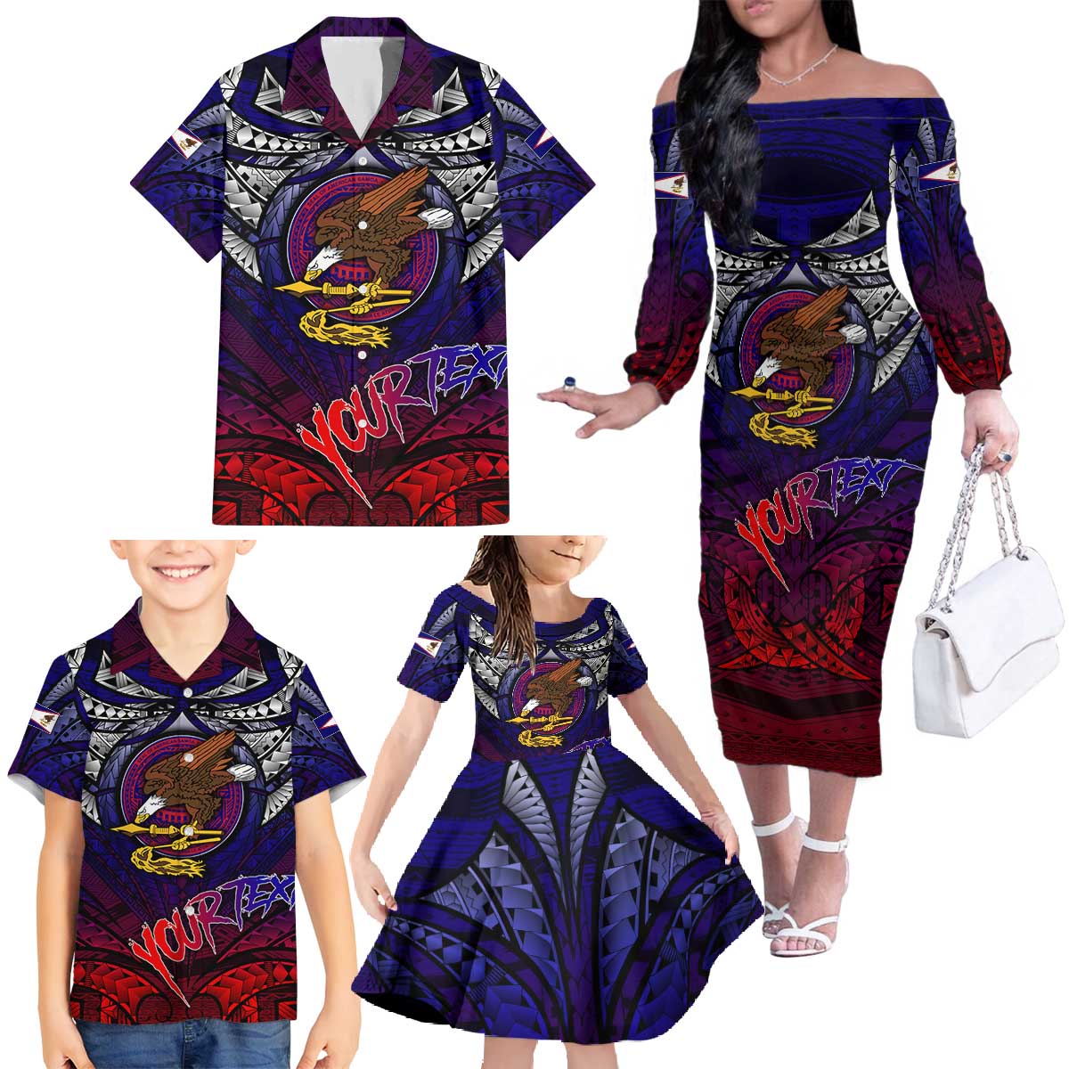 Personalized American Samoa Flag Family Matching Off The Shoulder Long Sleeve Dress and Hawaiian Shirt Eagles Polynesian Art DT02 - Polynesian Pride