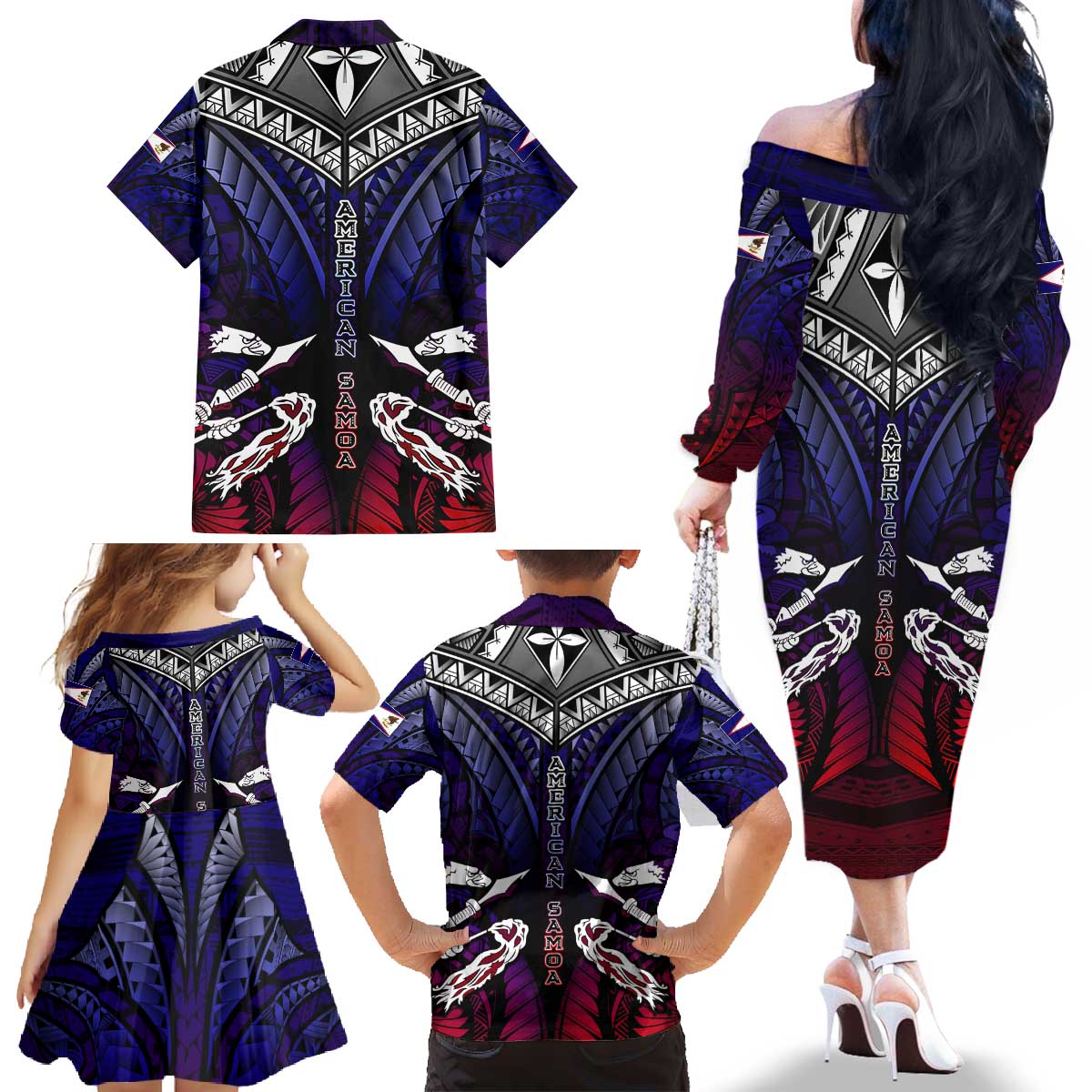 Personalized American Samoa Flag Family Matching Off The Shoulder Long Sleeve Dress and Hawaiian Shirt Eagles Polynesian Art DT02 - Polynesian Pride