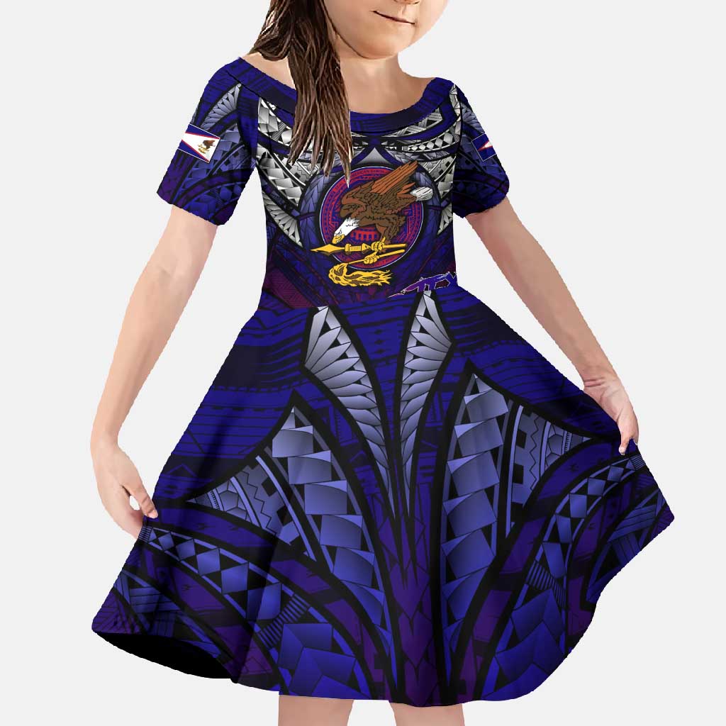 Personalized American Samoa Flag Family Matching Short Sleeve Bodycon Dress and Hawaiian Shirt Eagles Polynesian Art DT02 Daughter's Dress Blue - Polynesian Pride
