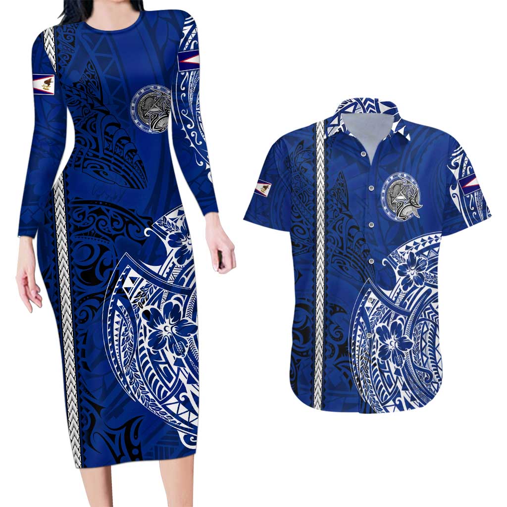 Sharks And American Samoa Couples Matching Long Sleeve Bodycon Dress and Hawaiian Shirt Simple Polynesian Blue DT02 Blue - Polynesian Pride
