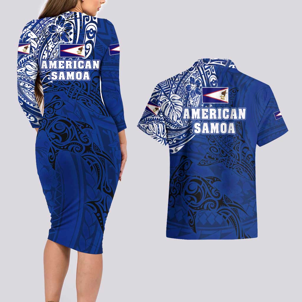 Sharks And American Samoa Couples Matching Long Sleeve Bodycon Dress and Hawaiian Shirt Simple Polynesian Blue DT02 - Polynesian Pride