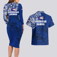 Sharks And American Samoa Couples Matching Long Sleeve Bodycon Dress and Hawaiian Shirt Simple Polynesian Blue DT02 - Polynesian Pride