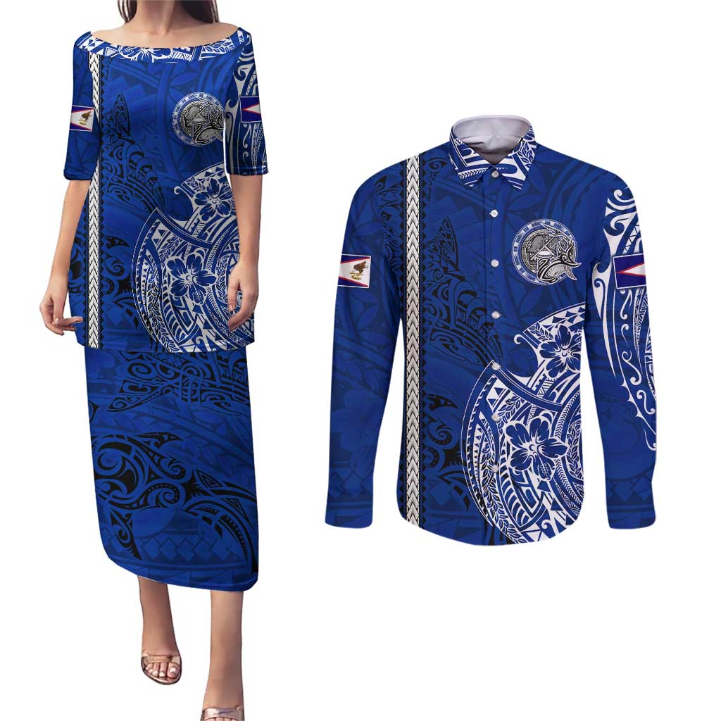Sharks And American Samoa Couples Matching Puletasi and Long Sleeve Button Shirt Simple Polynesian Blue DT02 Blue - Polynesian Pride