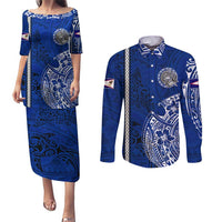 Sharks And American Samoa Couples Matching Puletasi and Long Sleeve Button Shirt Simple Polynesian Blue DT02 Blue - Polynesian Pride