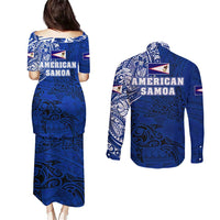 Sharks And American Samoa Couples Matching Puletasi and Long Sleeve Button Shirt Simple Polynesian Blue DT02 - Polynesian Pride