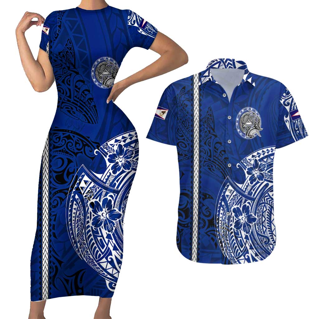Sharks And American Samoa Couples Matching Short Sleeve Bodycon Dress and Hawaiian Shirt Simple Polynesian Blue DT02 Blue - Polynesian Pride