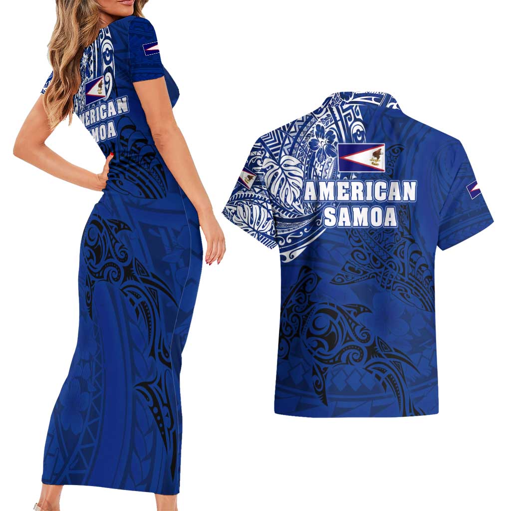 Sharks And American Samoa Couples Matching Short Sleeve Bodycon Dress and Hawaiian Shirt Simple Polynesian Blue DT02 - Polynesian Pride