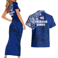 Sharks And American Samoa Couples Matching Short Sleeve Bodycon Dress and Hawaiian Shirt Simple Polynesian Blue DT02 - Polynesian Pride