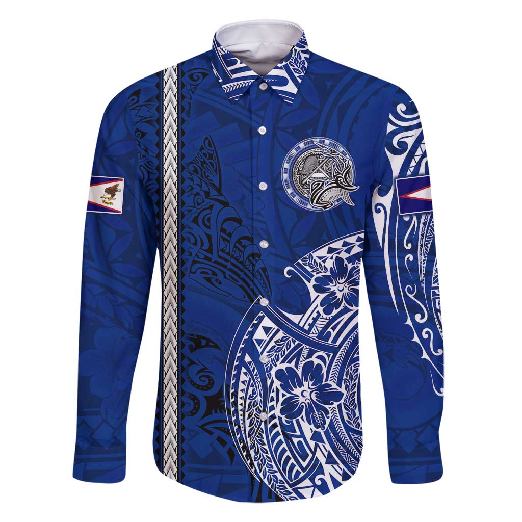 Sharks And American Samoa Family Matching Long Sleeve Bodycon Dress and Hawaiian Shirt Simple Polynesian Blue DT02 Dad's Shirt - Long Sleeve Blue - Polynesian Pride