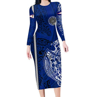 Sharks And American Samoa Family Matching Long Sleeve Bodycon Dress and Hawaiian Shirt Simple Polynesian Blue DT02 Mom's Dress Blue - Polynesian Pride