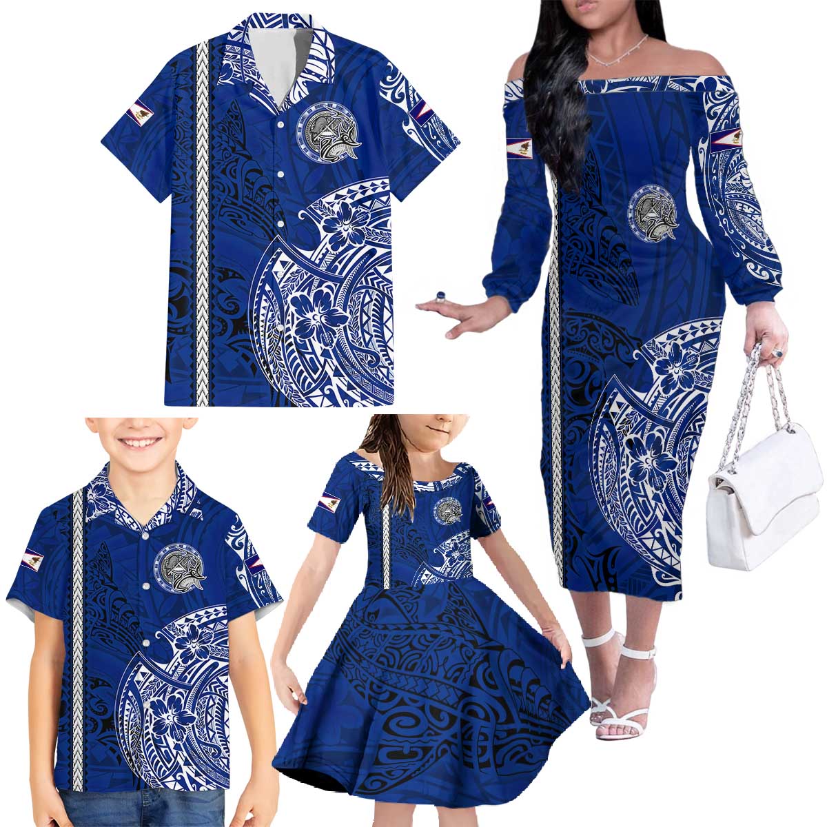 Sharks And American Samoa Family Matching Off The Shoulder Long Sleeve Dress and Hawaiian Shirt Simple Polynesian Blue DT02 - Polynesian Pride
