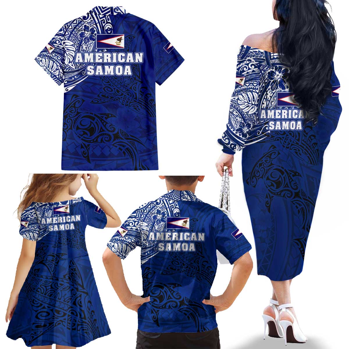 Sharks And American Samoa Family Matching Off The Shoulder Long Sleeve Dress and Hawaiian Shirt Simple Polynesian Blue DT02 - Polynesian Pride