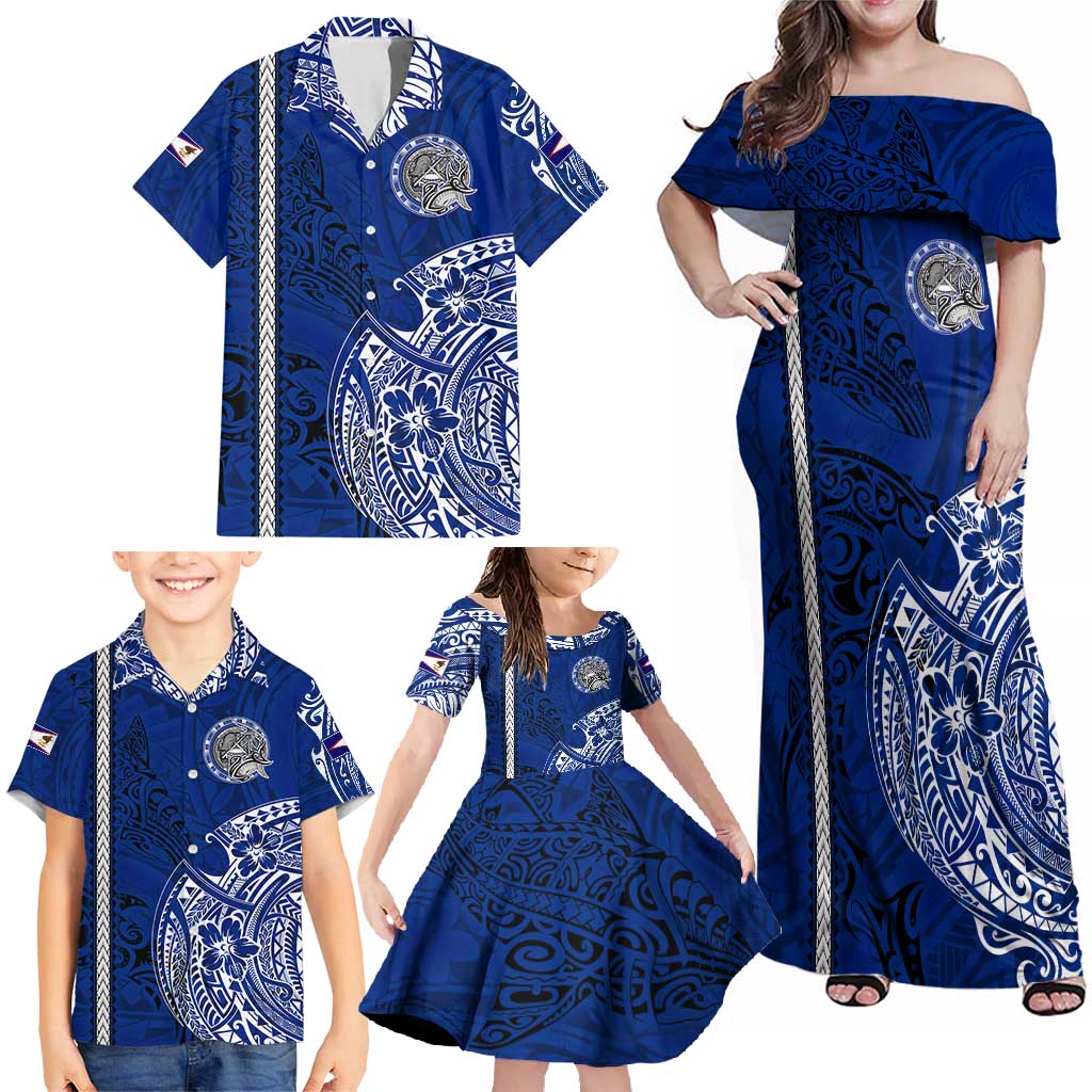 Sharks And American Samoa Family Matching Off Shoulder Maxi Dress and Hawaiian Shirt Simple Polynesian Blue DT02 - Polynesian Pride