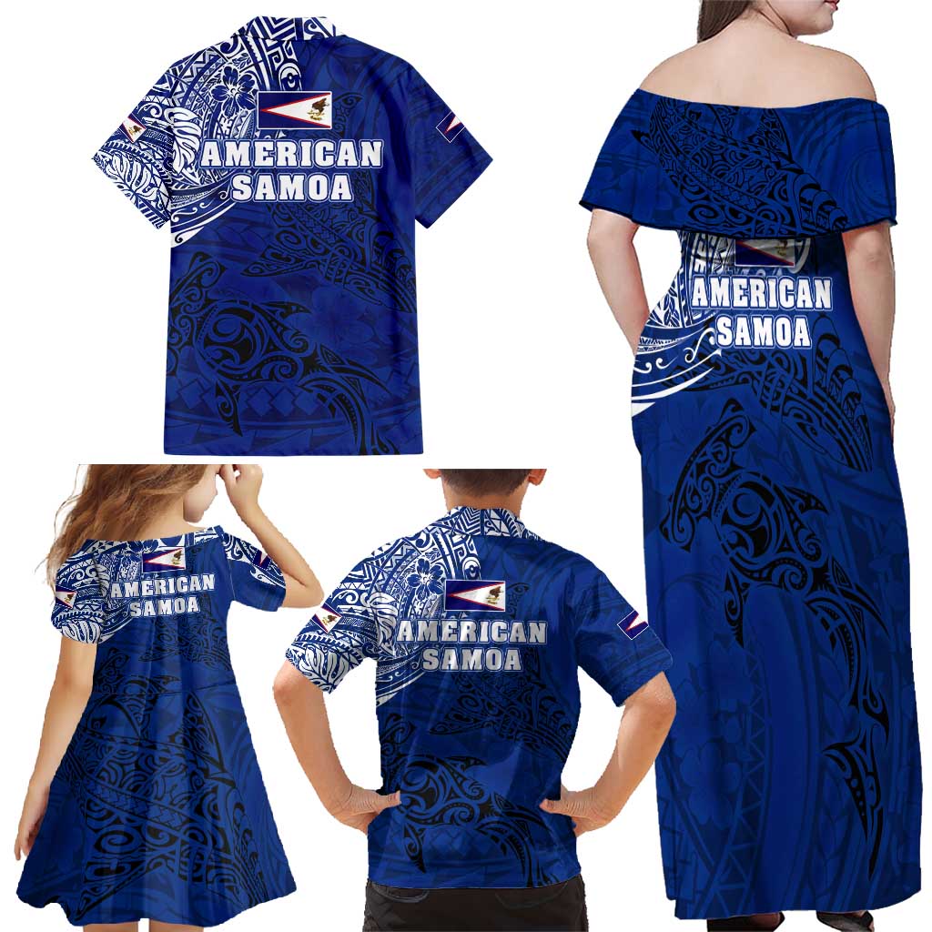 Sharks And American Samoa Family Matching Off Shoulder Maxi Dress and Hawaiian Shirt Simple Polynesian Blue DT02 - Polynesian Pride