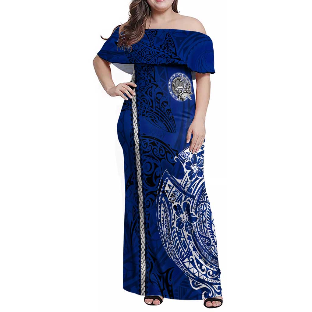 Sharks And American Samoa Family Matching Off Shoulder Maxi Dress and Hawaiian Shirt Simple Polynesian Blue DT02 Mom's Dress Blue - Polynesian Pride