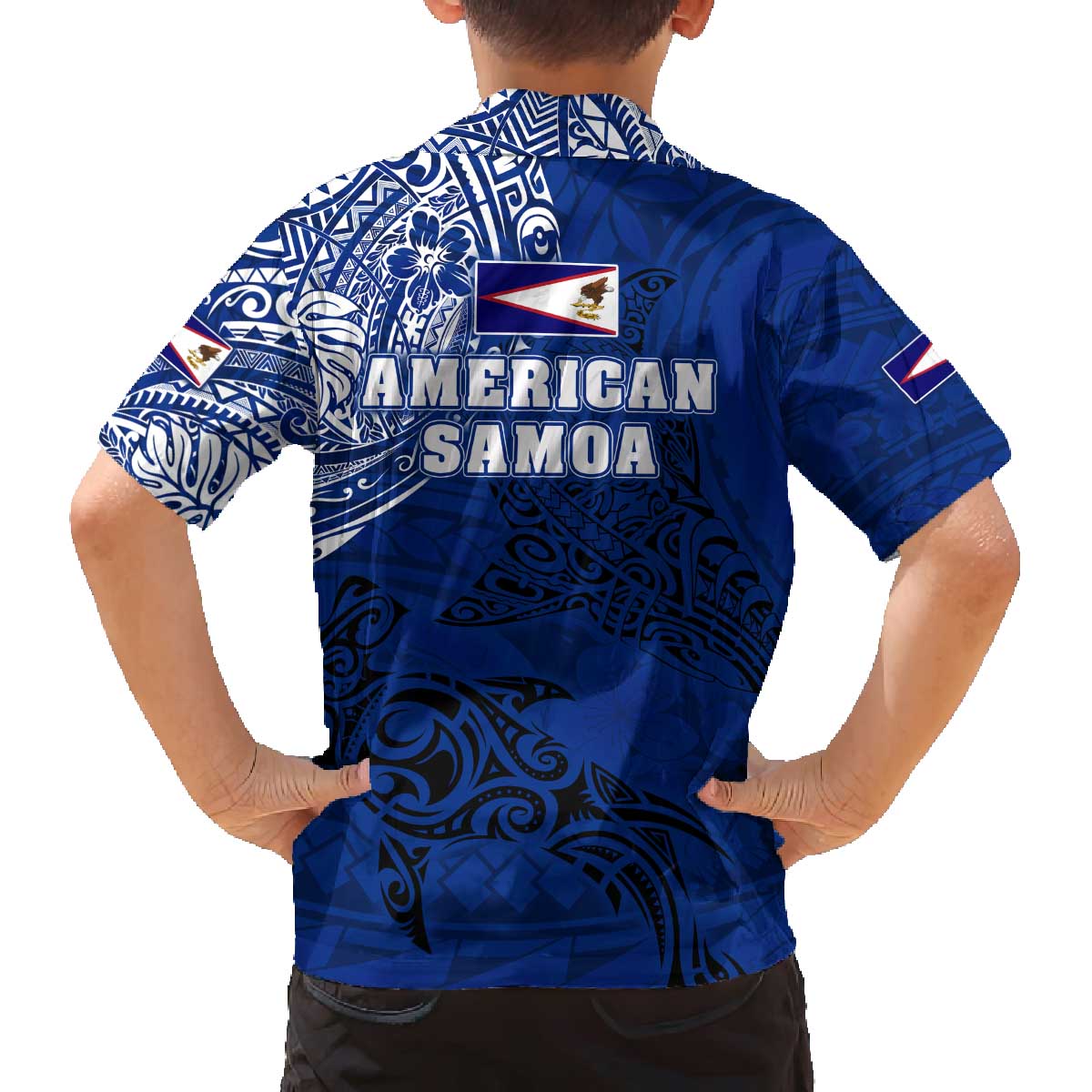 Sharks And American Samoa Family Matching Off Shoulder Short Dress and Hawaiian Shirt Simple Polynesian Blue DT02 - Polynesian Pride