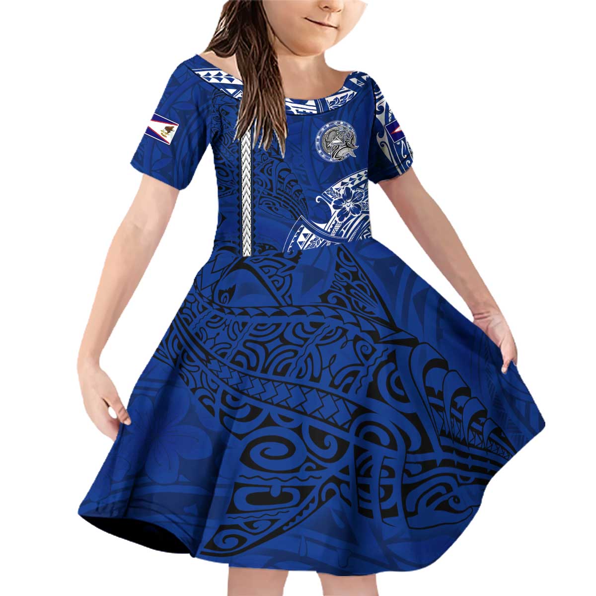 Sharks And American Samoa Family Matching Off Shoulder Short Dress and Hawaiian Shirt Simple Polynesian Blue DT02 Daughter's Dress Blue - Polynesian Pride