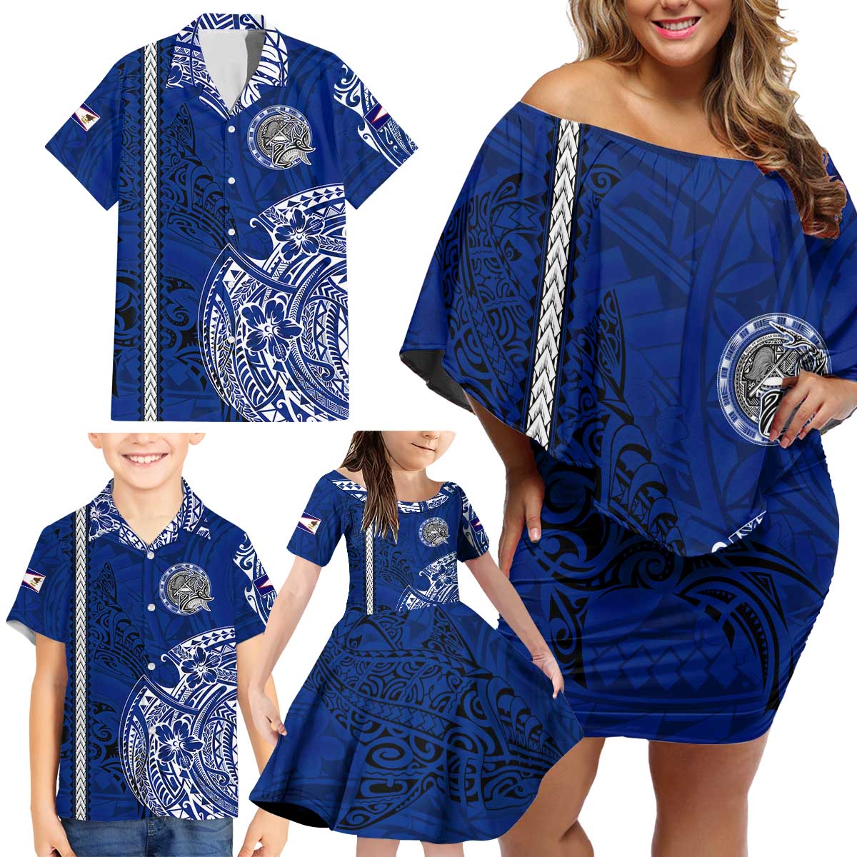 Sharks And American Samoa Family Matching Off Shoulder Short Dress and Hawaiian Shirt Simple Polynesian Blue DT02 - Polynesian Pride