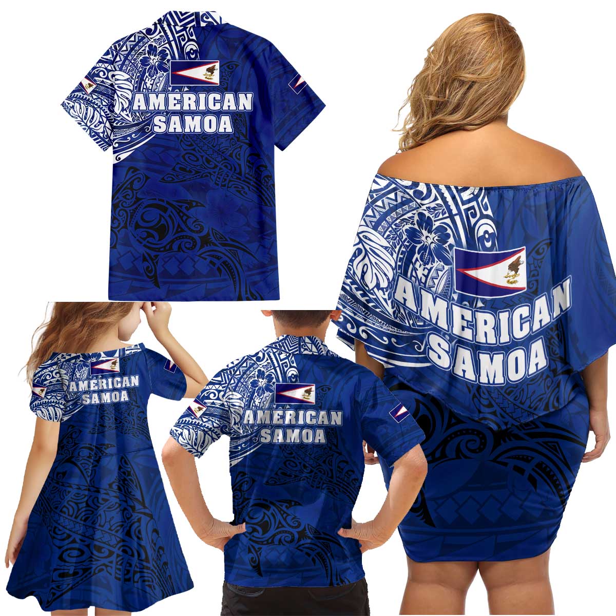 Sharks And American Samoa Family Matching Off Shoulder Short Dress and Hawaiian Shirt Simple Polynesian Blue DT02 - Polynesian Pride