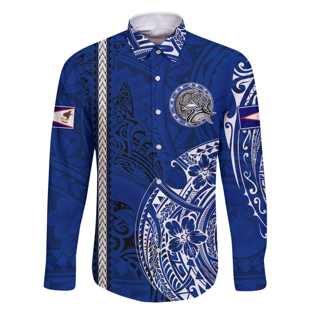 Sharks And American Samoa Family Matching Off Shoulder Short Dress and Hawaiian Shirt Simple Polynesian Blue DT02 Dad's Shirt - Long Sleeve Blue - Polynesian Pride