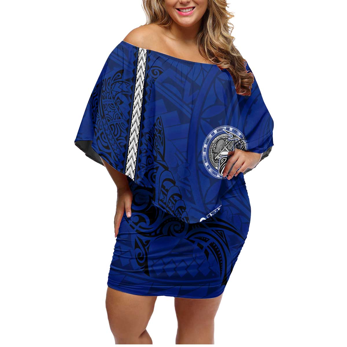 Sharks And American Samoa Family Matching Off Shoulder Short Dress and Hawaiian Shirt Simple Polynesian Blue DT02 Mom's Dress Blue - Polynesian Pride
