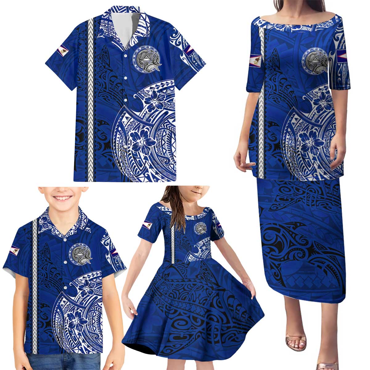 Sharks And American Samoa Family Matching Puletasi and Hawaiian Shirt Simple Polynesian Blue DT02 - Polynesian Pride