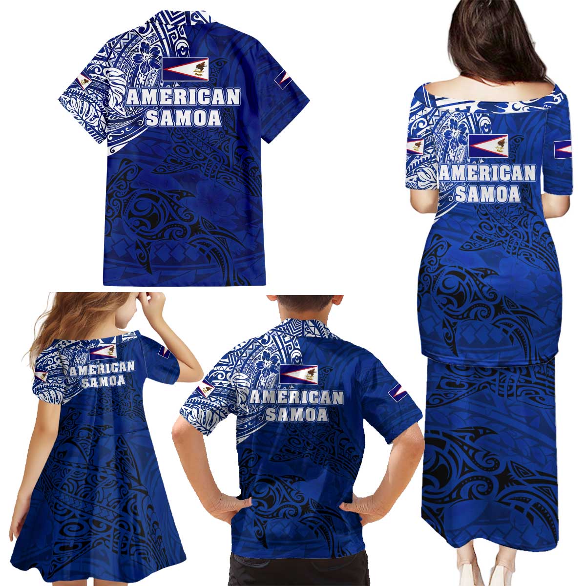 Sharks And American Samoa Family Matching Puletasi and Hawaiian Shirt Simple Polynesian Blue DT02 - Polynesian Pride