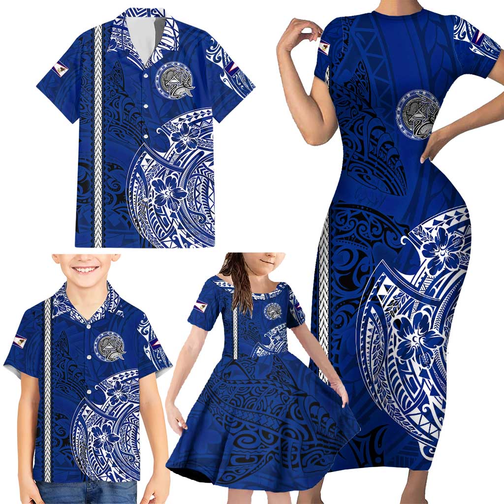 Sharks And American Samoa Family Matching Short Sleeve Bodycon Dress and Hawaiian Shirt Simple Polynesian Blue DT02 - Polynesian Pride