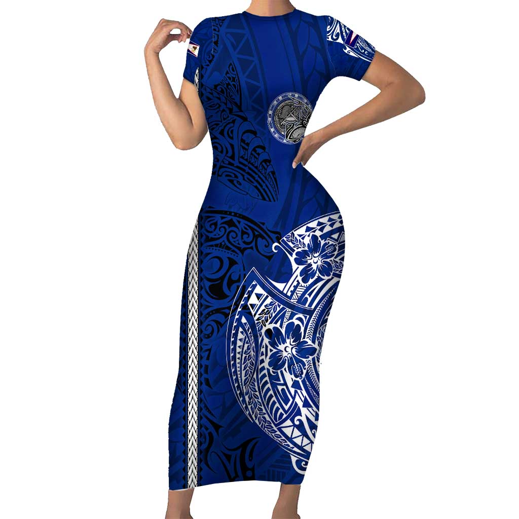 Sharks And American Samoa Family Matching Short Sleeve Bodycon Dress and Hawaiian Shirt Simple Polynesian Blue DT02 Mom's Dress Blue - Polynesian Pride