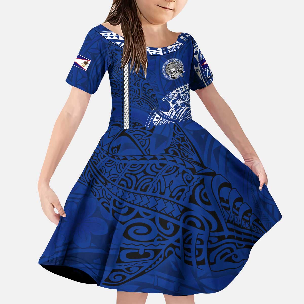 Sharks And American Samoa Kid Short Sleeve Dress Simple Polynesian Blue DT02 KID Blue - Polynesian Pride